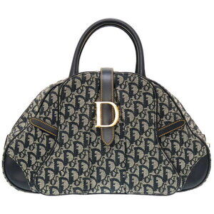 Christian Dior Double Saddle Canvas Leather Navy Blue Boston Bag